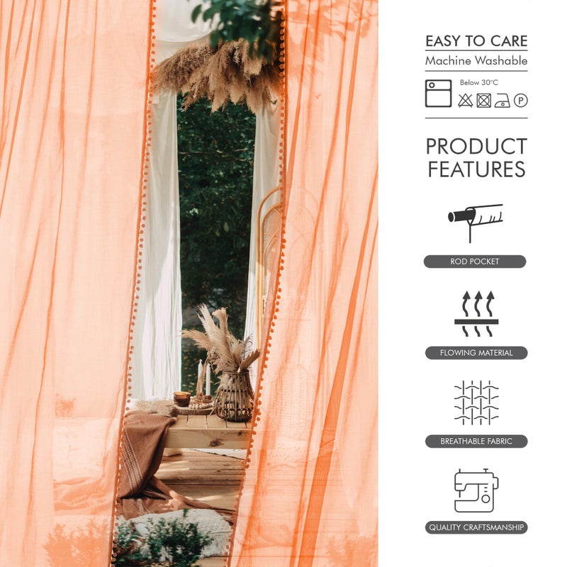 MISS SELECTEX Linen Look Pom Pom Tasseled Sheer Curtains - Rod Pocket Voile Semi-Sheer Curtains for Living and Bedroom, Set of 2 Curtain Panels (52 x 95 inch, Pumpkin Yellow) - Image 5
